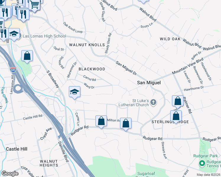 map of restaurants, bars, coffee shops, grocery stores, and more near 2180 Ward Drive in Walnut Creek