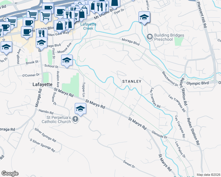 map of restaurants, bars, coffee shops, grocery stores, and more near 24 Brookdale Court in Lafayette