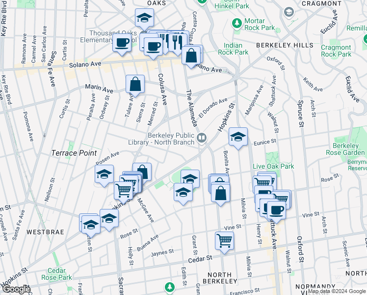 map of restaurants, bars, coffee shops, grocery stores, and more near 1826 Sonoma Avenue in Berkeley