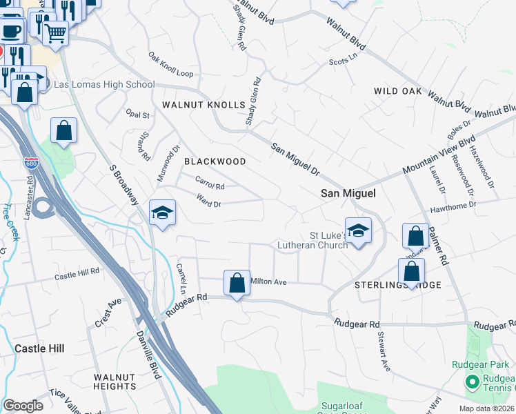 map of restaurants, bars, coffee shops, grocery stores, and more near 2180 Ward Drive in Walnut Creek