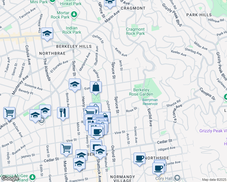 map of restaurants, bars, coffee shops, grocery stores, and more near 1218 Spruce Street in Berkeley