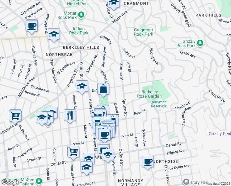 map of restaurants, bars, coffee shops, grocery stores, and more near 1210 Oxford Street in Berkeley
