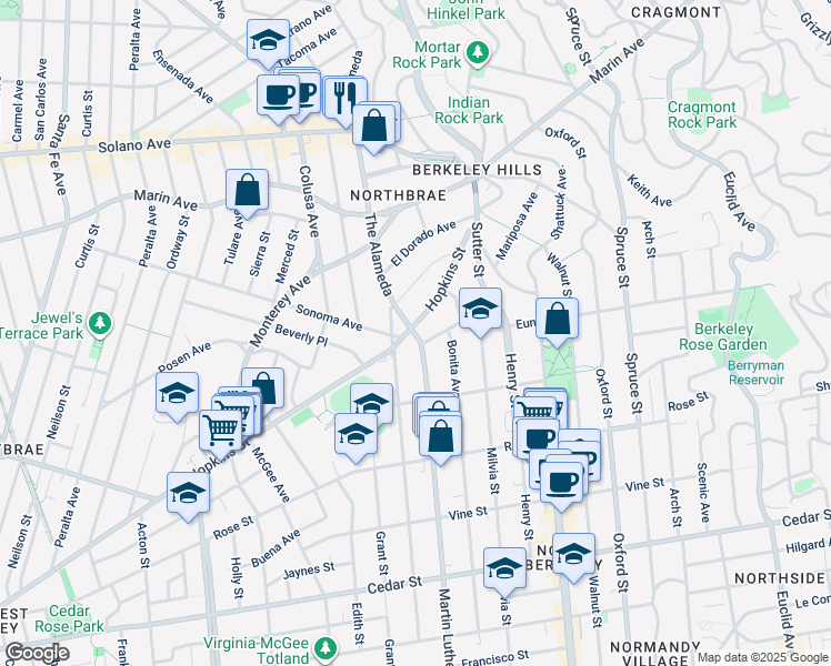 map of restaurants, bars, coffee shops, grocery stores, and more near 1170 The Alameda in Berkeley