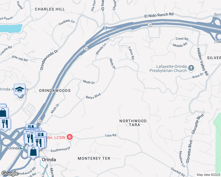 map of restaurants, bars, coffee shops, grocery stores, and more near 56 Bates Blvd in Orinda
