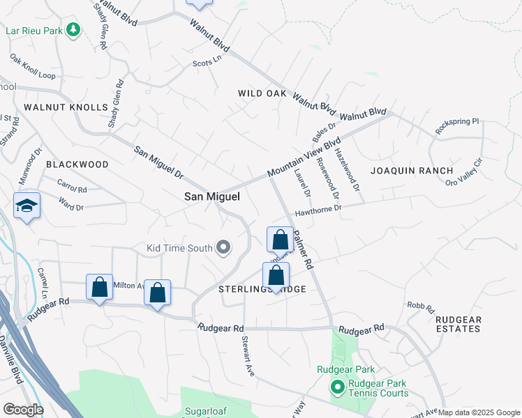 map of restaurants, bars, coffee shops, grocery stores, and more near 421 Twin Oaks Lane in Walnut Creek