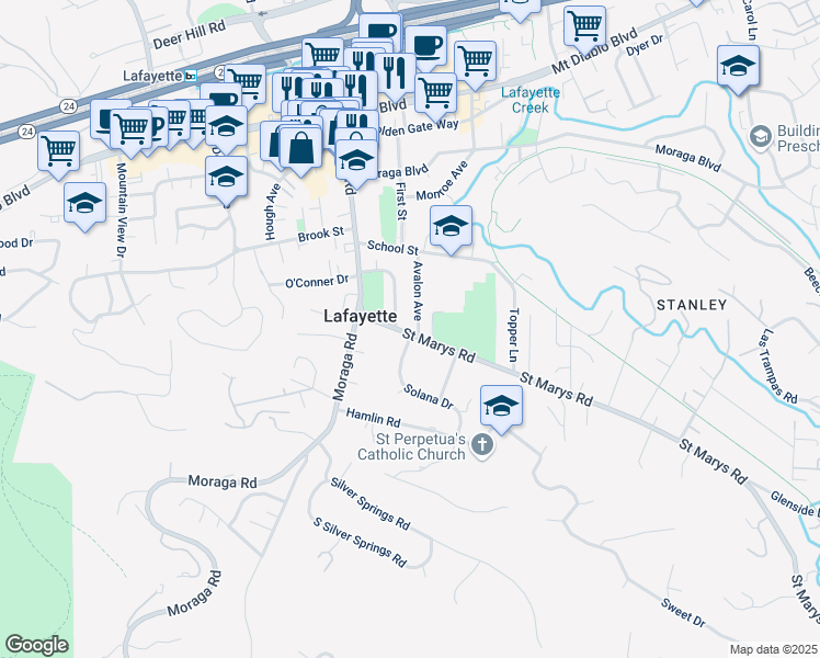 map of restaurants, bars, coffee shops, grocery stores, and more near 800 Rosedale Avenue in Lafayette
