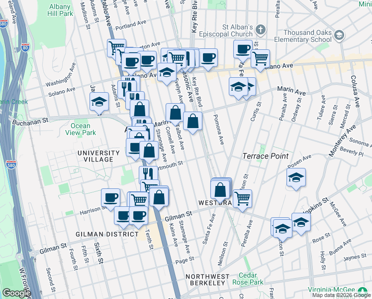 map of restaurants, bars, coffee shops, grocery stores, and more near 1059 Talbot Avenue in Albany