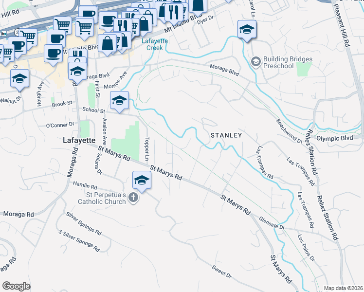 map of restaurants, bars, coffee shops, grocery stores, and more near 19 Brookdale Court in Lafayette