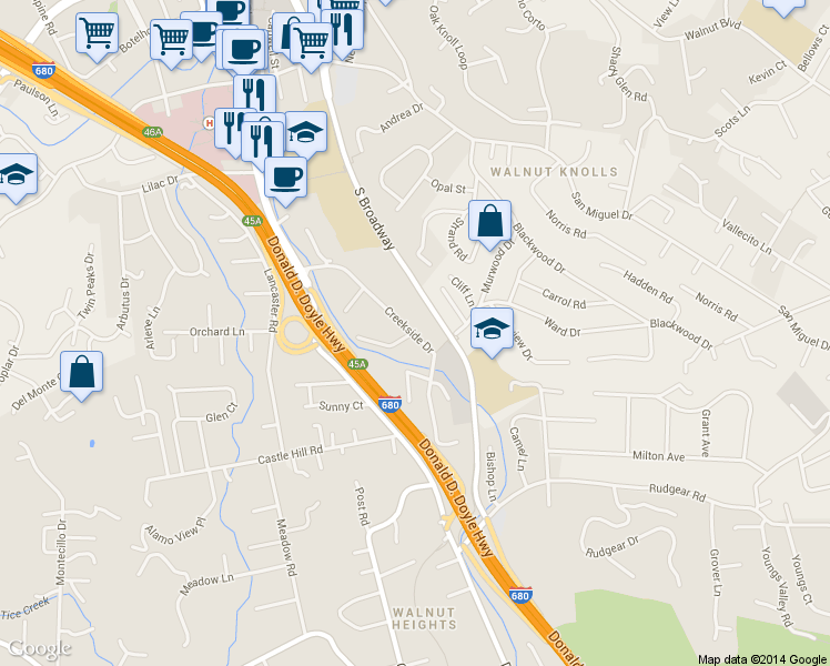 map of restaurants, bars, coffee shops, grocery stores, and more near 1440 Creekside Drive in Walnut Creek