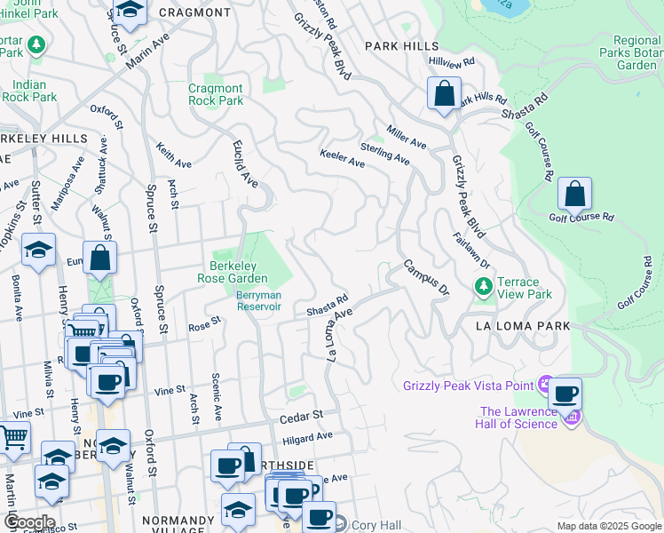 map of restaurants, bars, coffee shops, grocery stores, and more near 2684 Shasta Road in Berkeley