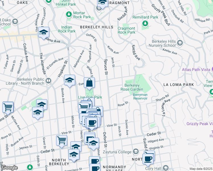 map of restaurants, bars, coffee shops, grocery stores, and more near 1218 Spruce Street in Berkeley