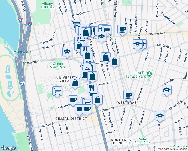 map of restaurants, bars, coffee shops, grocery stores, and more near 1038 Kains Avenue in Albany