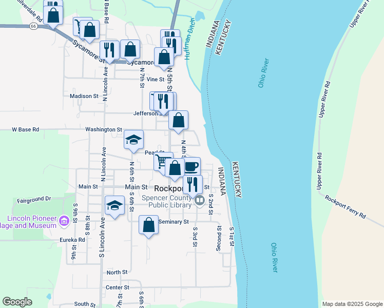 map of restaurants, bars, coffee shops, grocery stores, and more near 305 Pearl Street in Rockport