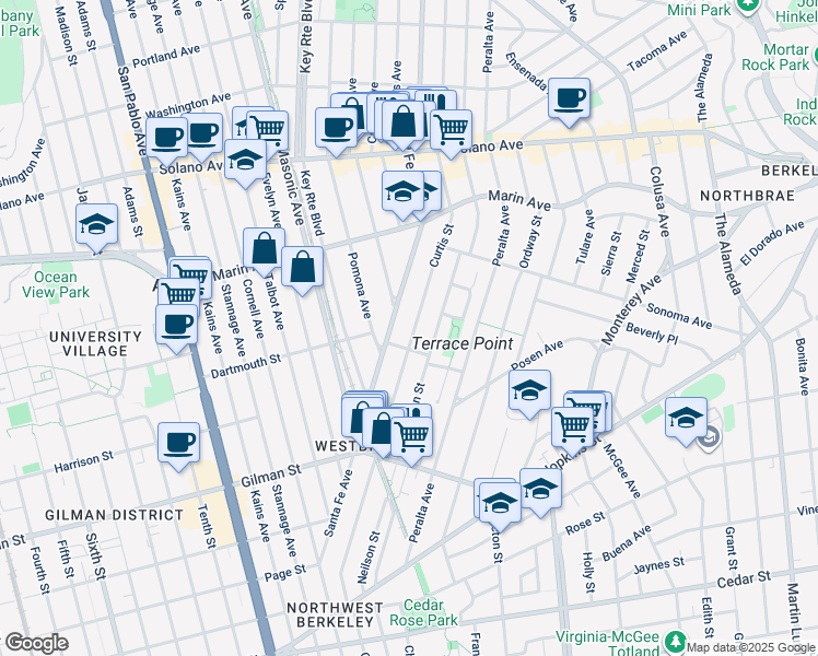 map of restaurants, bars, coffee shops, grocery stores, and more near 1060 Curtis Street in Albany