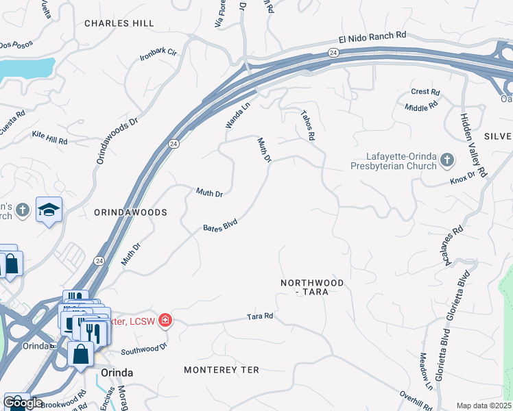 map of restaurants, bars, coffee shops, grocery stores, and more near 56 Bates Boulevard in Orinda