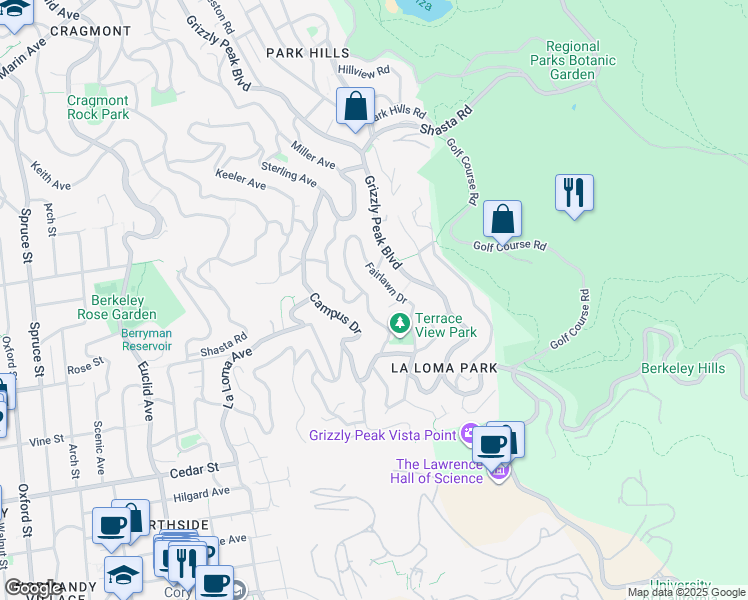 map of restaurants, bars, coffee shops, grocery stores, and more near 1375 Queens Road in Berkeley