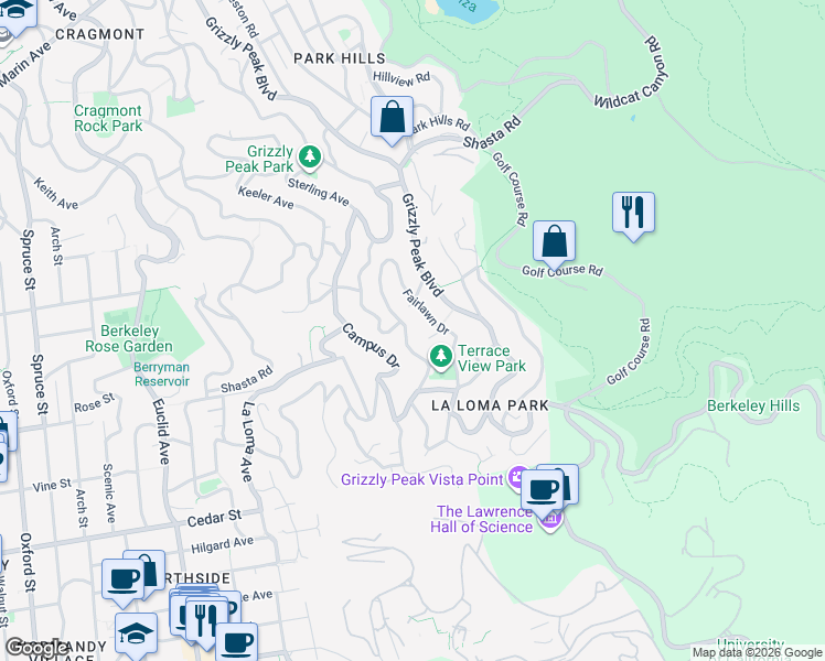 map of restaurants, bars, coffee shops, grocery stores, and more near 22 Columbia Circle in Berkeley