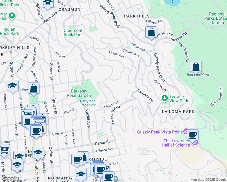 map of restaurants, bars, coffee shops, grocery stores, and more near 2684 Shasta Road in Berkeley