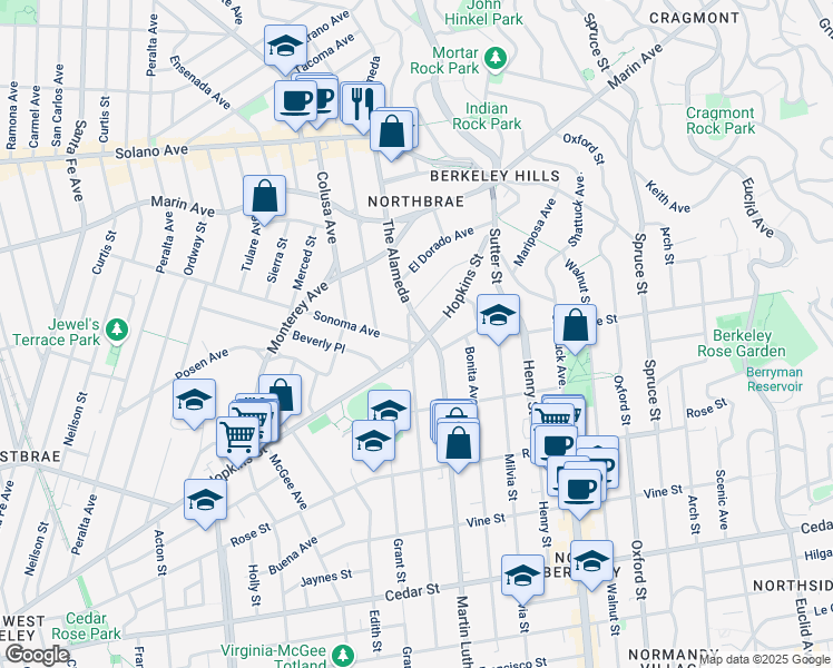 map of restaurants, bars, coffee shops, grocery stores, and more near 1170 The Alameda in Berkeley
