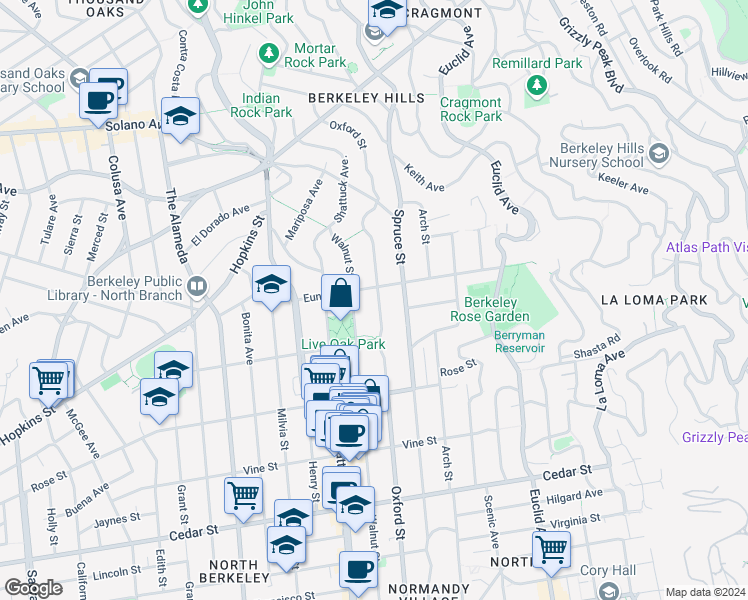 map of restaurants, bars, coffee shops, grocery stores, and more near 1210 Oxford Street in Berkeley