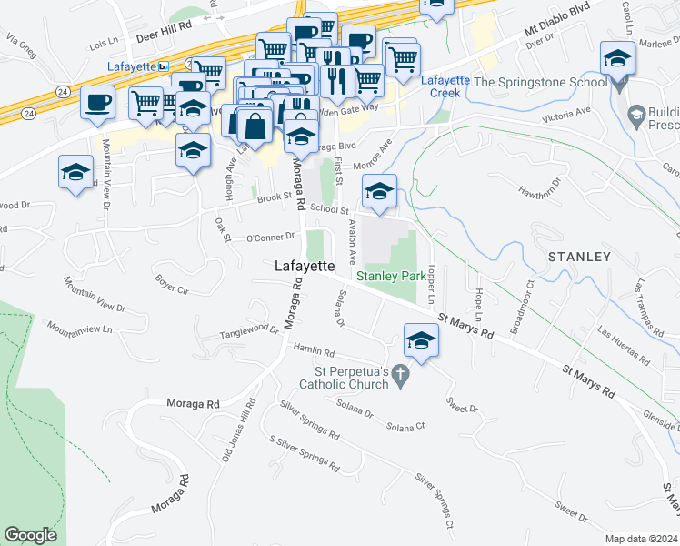 map of restaurants, bars, coffee shops, grocery stores, and more near 800 Rosedale Avenue in Lafayette