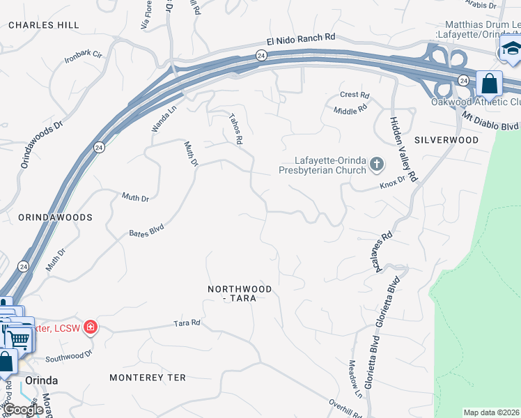 map of restaurants, bars, coffee shops, grocery stores, and more near 536 Tahos Road in Orinda