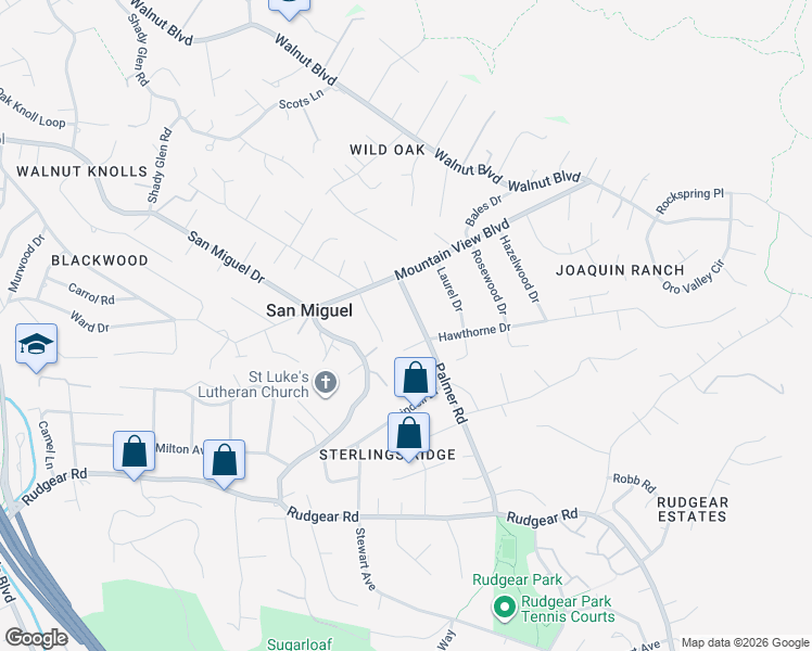 map of restaurants, bars, coffee shops, grocery stores, and more near 421 Twin Oaks Lane in Walnut Creek