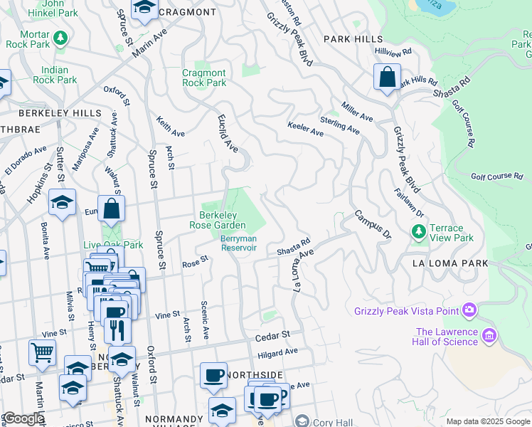 map of restaurants, bars, coffee shops, grocery stores, and more near 117 Tamalpais Road in Berkeley