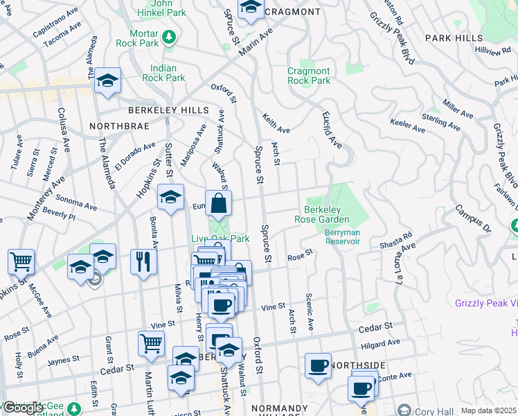 map of restaurants, bars, coffee shops, grocery stores, and more near 1218 Spruce Street in Berkeley