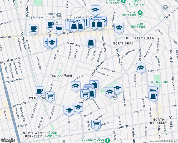 map of restaurants, bars, coffee shops, grocery stores, and more near 1554 Beverly Place in Berkeley