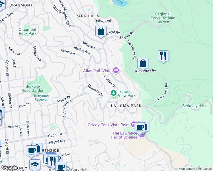 map of restaurants, bars, coffee shops, grocery stores, and more near 1375 Queens Road in Berkeley
