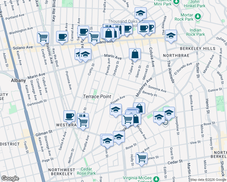 map of restaurants, bars, coffee shops, grocery stores, and more near 1026 Ventura Avenue in Albany