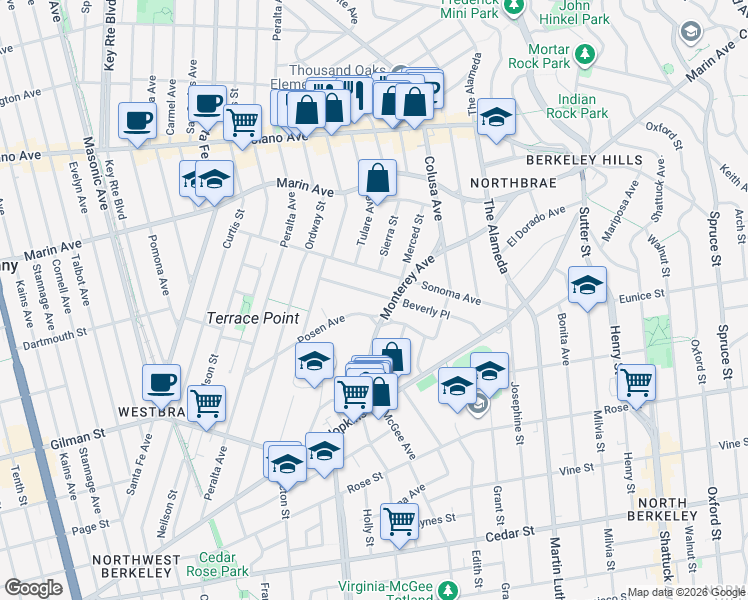 map of restaurants, bars, coffee shops, grocery stores, and more near 1554 Beverly Place in Berkeley