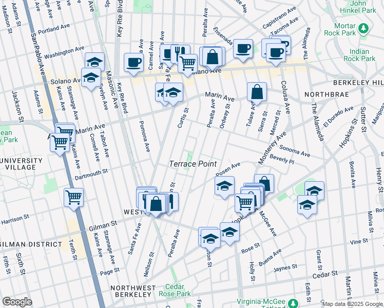 map of restaurants, bars, coffee shops, grocery stores, and more near 1548 Terrace Street in Albany