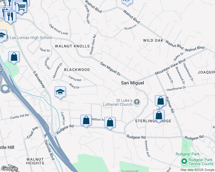 map of restaurants, bars, coffee shops, grocery stores, and more near 2241 Blackwood Drive in Walnut Creek