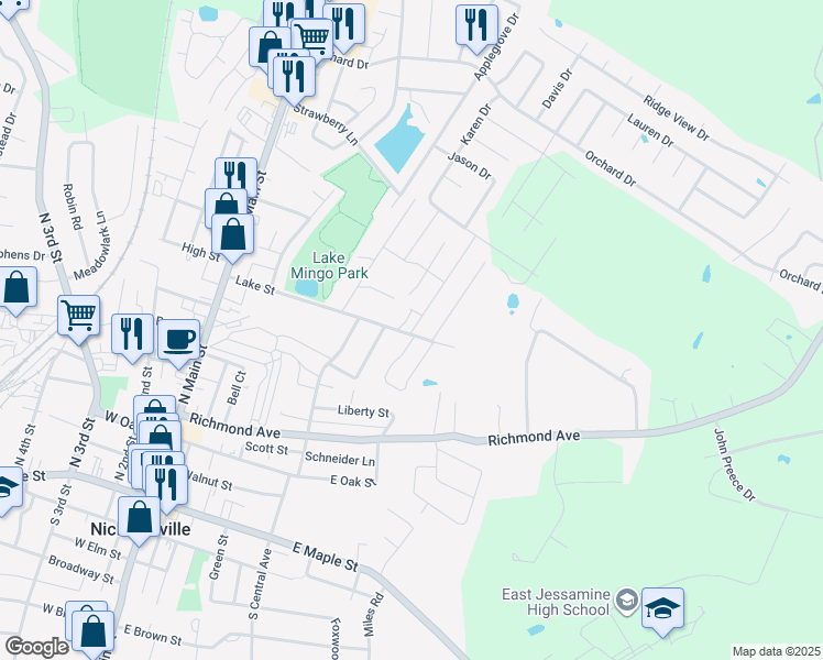 map of restaurants, bars, coffee shops, grocery stores, and more near 101 Hillcrest Drive in Nicholasville