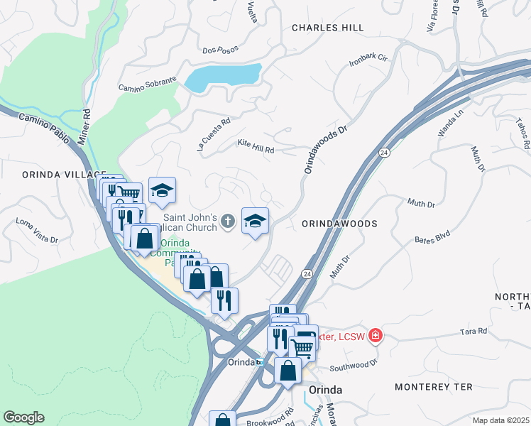map of restaurants, bars, coffee shops, grocery stores, and more near Village Gate Road & Ravenhill Road in Orinda