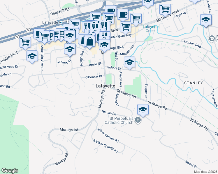 map of restaurants, bars, coffee shops, grocery stores, and more near 3571 Saint Marys Road in Lafayette