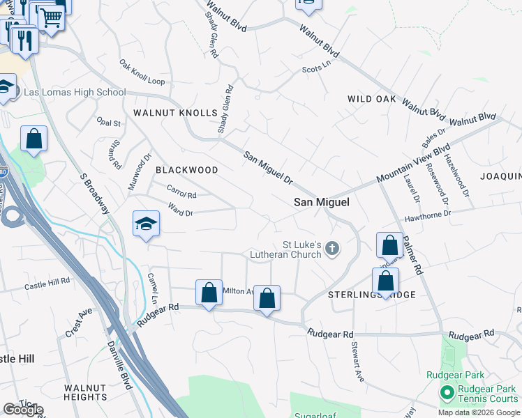 map of restaurants, bars, coffee shops, grocery stores, and more near 2241 Blackwood Drive in Walnut Creek