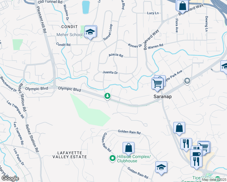 map of restaurants, bars, coffee shops, grocery stores, and more near 16 Stanley Court in Walnut Creek