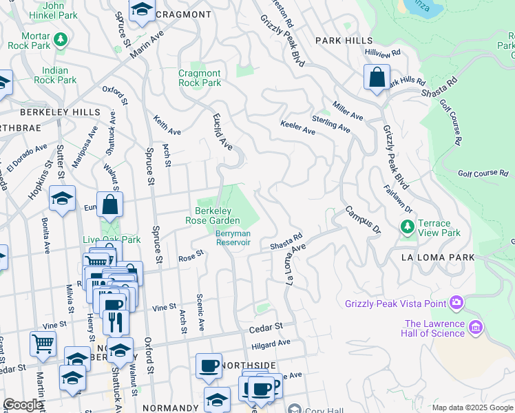 map of restaurants, bars, coffee shops, grocery stores, and more near 117 Tamalpais Road in Berkeley