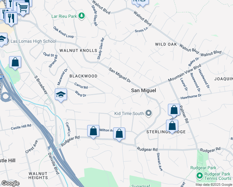 map of restaurants, bars, coffee shops, grocery stores, and more near 2216 Blackwood Drive in Walnut Creek