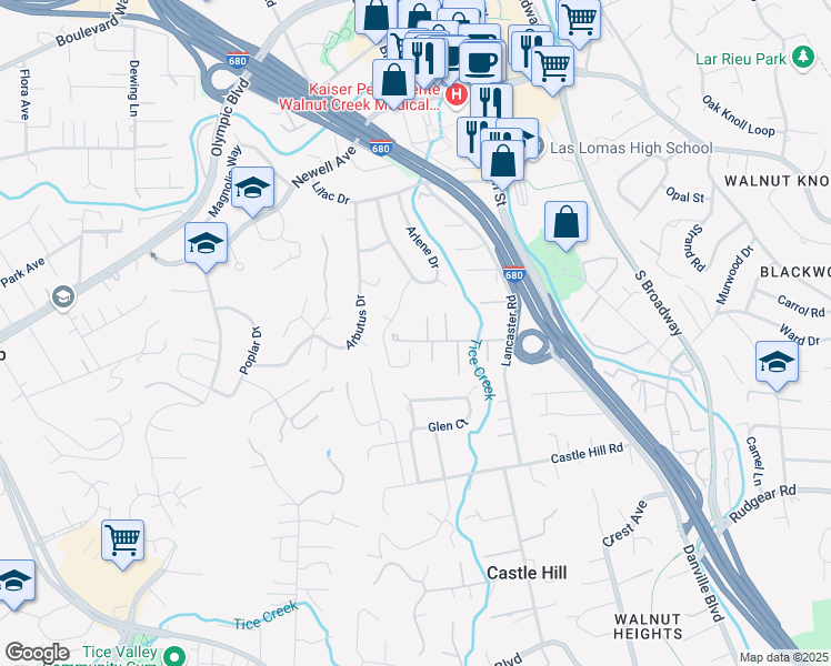 map of restaurants, bars, coffee shops, grocery stores, and more near 1720 Orchard Lane in Walnut Creek