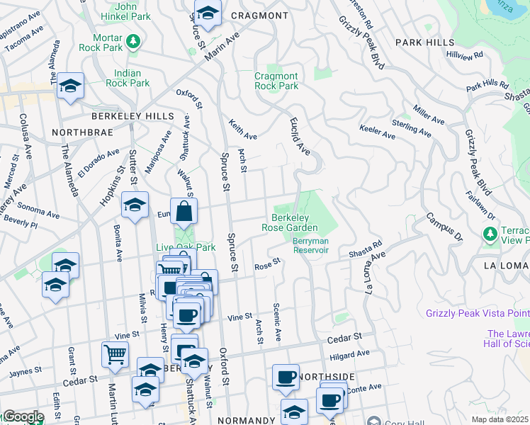map of restaurants, bars, coffee shops, grocery stores, and more near 1218 Glen Avenue in Berkeley