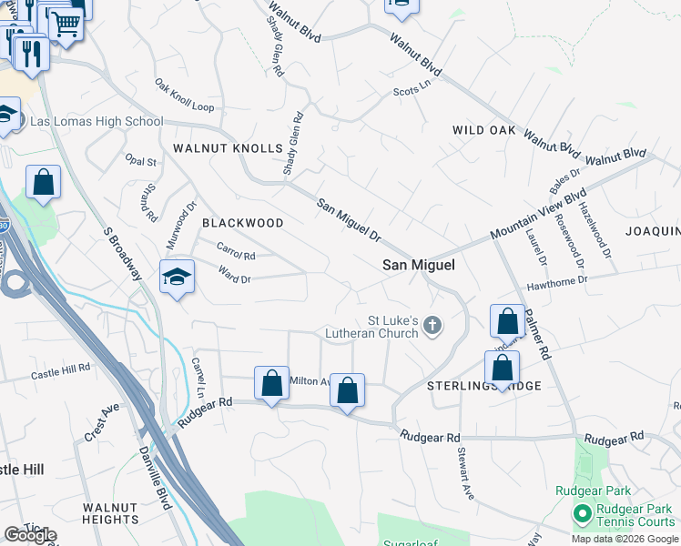map of restaurants, bars, coffee shops, grocery stores, and more near 2216 Blackwood Drive in Walnut Creek