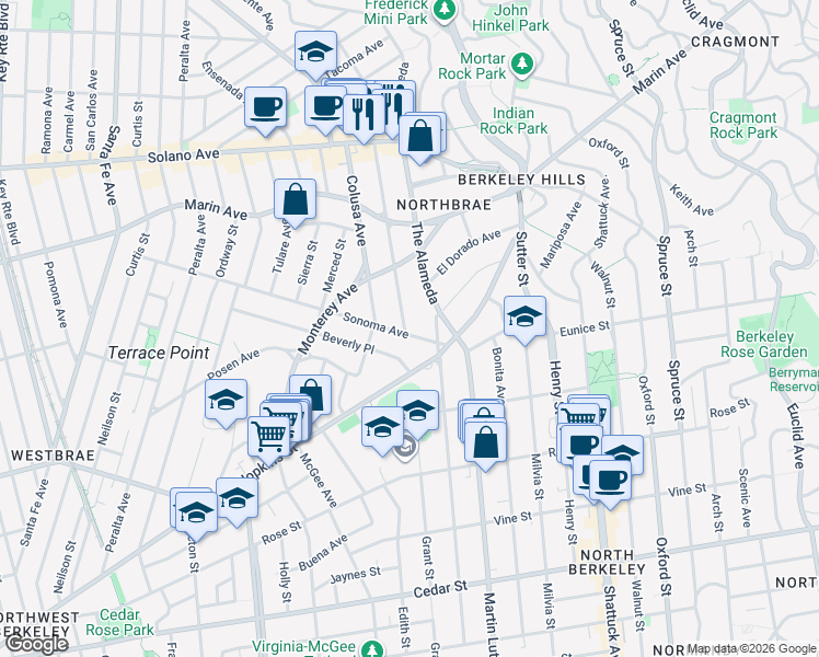 map of restaurants, bars, coffee shops, grocery stores, and more near 1833 Sonoma Avenue in Berkeley