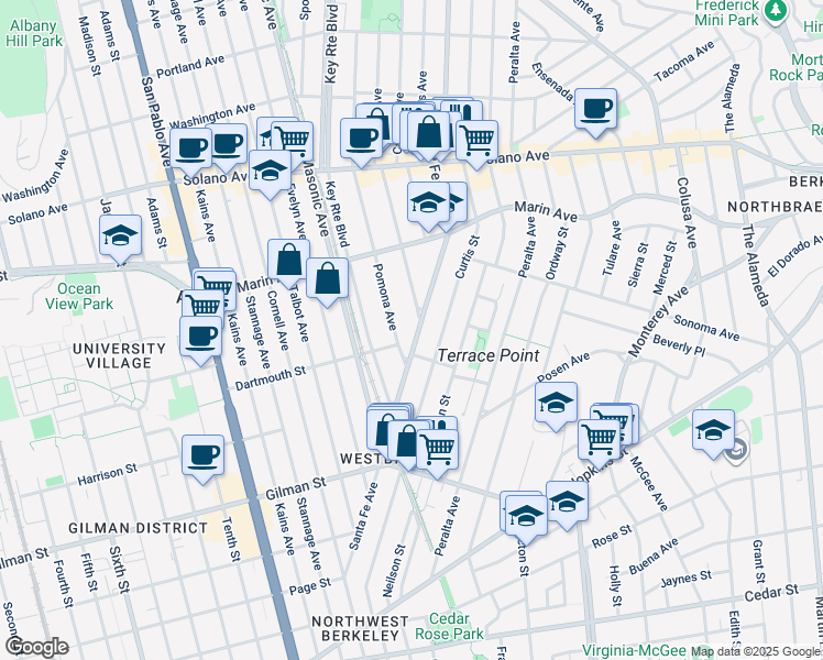 map of restaurants, bars, coffee shops, grocery stores, and more near 1046 Santa Fe Avenue in Albany