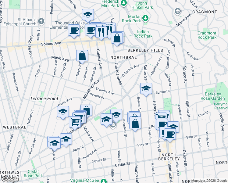 map of restaurants, bars, coffee shops, grocery stores, and more near 1833 Sonoma Avenue in Berkeley
