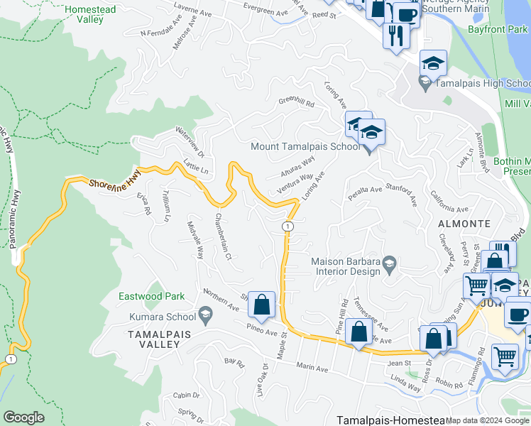 map of restaurants, bars, coffee shops, grocery stores, and more near 525 Alta Way in Mill Valley