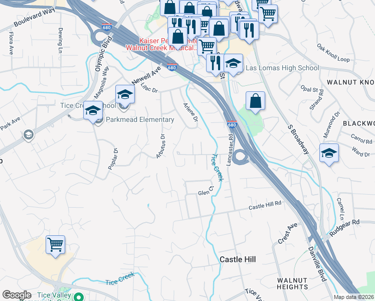map of restaurants, bars, coffee shops, grocery stores, and more near 1720 Orchard Lane in Walnut Creek